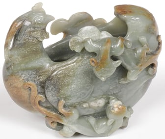 CHINESE CARVED JADE FIGURAL BRUSHPOT