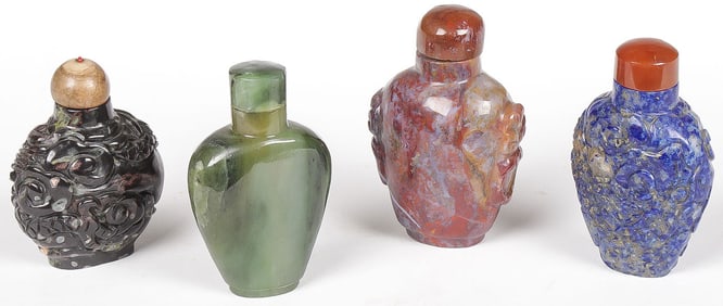 4 CHINESE CARVED HARDSTONE SNUFF BOTTLES