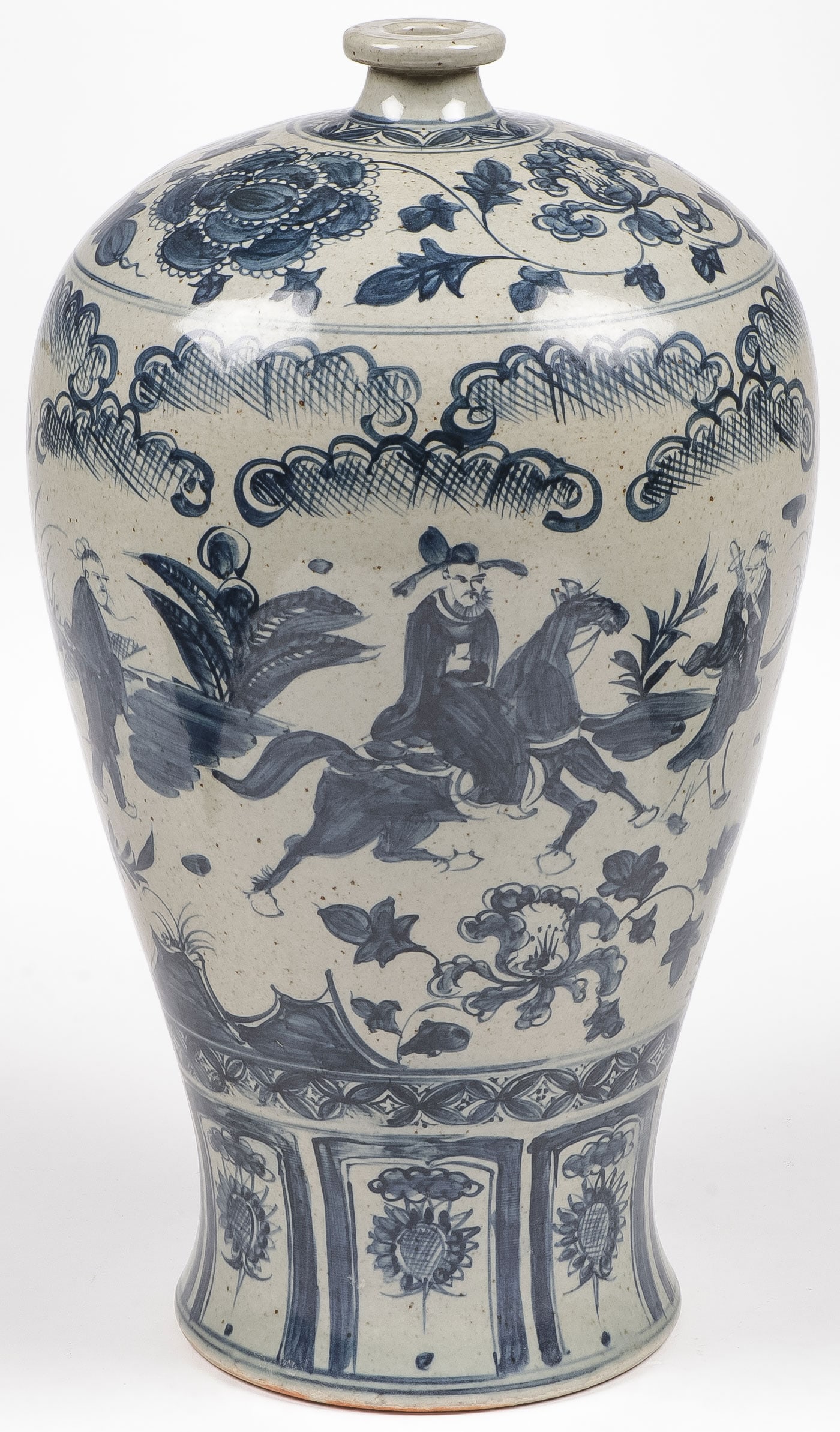 LARGE CHINESE BLUE AND GREY VESSLE: LARGE CHINESE BLUE AND GREY VESSLE. Overall decorated with scenes of warriors in a landscape. Height 18.25 inches (46.5cm). NO RESERVE. Provenance: The Doctor Manmohan Singh MD (1937-2024) lifetime c