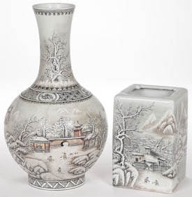 2 CHINESE HE XUREN WINTER DECORATED VASES