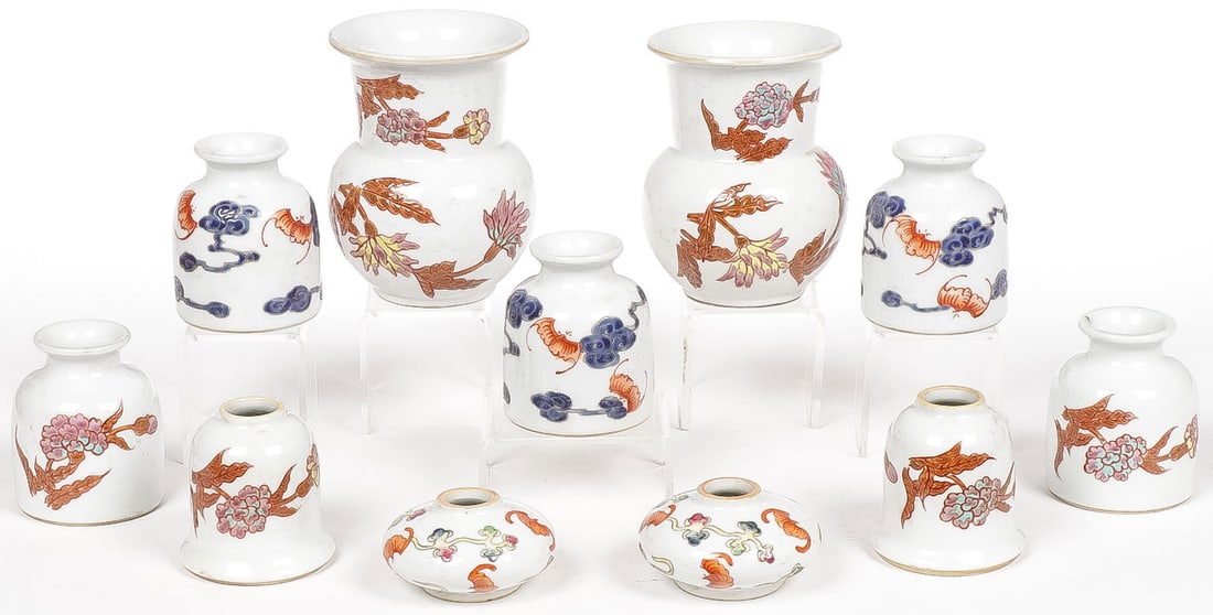 11 PCS CHINESE PORCELAIN: 11 PCS CHINESE PORCELAIN. Comprising a group of 11 scholar related porcelain vessels water bottle and brush pots as shown, the underside of each piece with mark. Greatest height, 4 inches (10.25cm). N