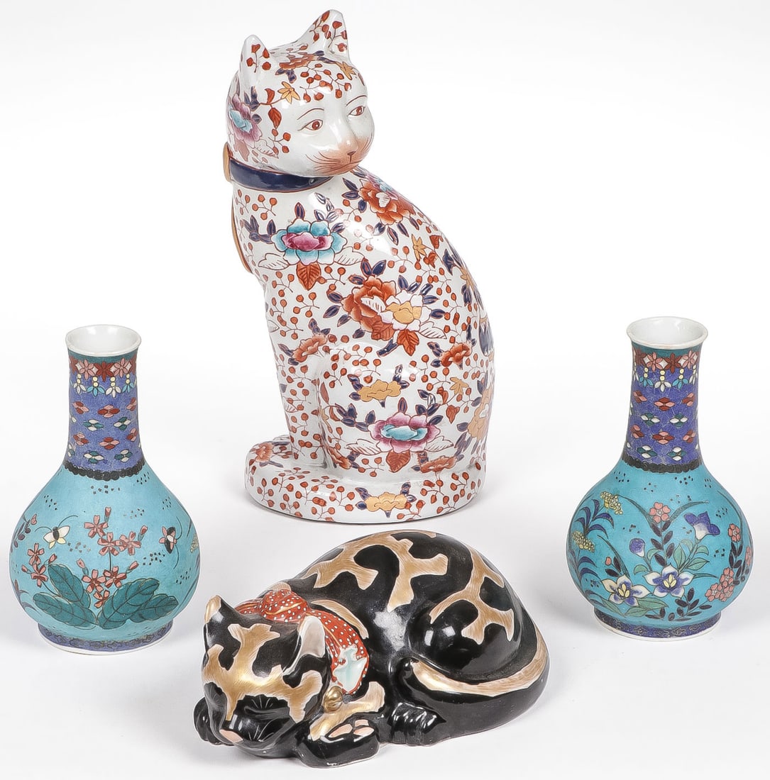 JAPANESE AND CHINESE PORCELAIN: JAPANESE AND CHINESE PORCELAIN. Comprising two Japanese porcelain cats and two Chinese bottles with turquoise cloisonne glaze. Greatest height 10.75 inches (27.25cm). NO RESERVE. Provenance: The Doct
