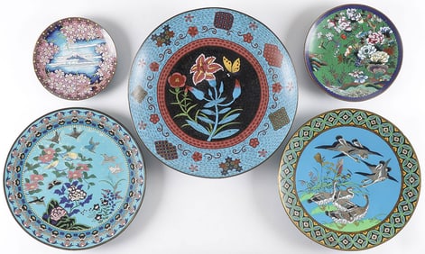 5 CHINESE/JAPANESE CLOISONNE PLATES & CHARGER?