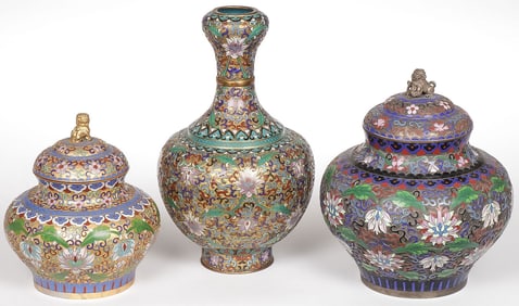 3 CHINESE CLOISONNÉ ENAMELED VESSELS
