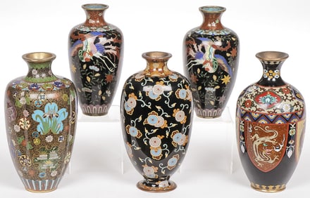 5 FINE JAPANESE CLOISONNE VASES, MEIJI