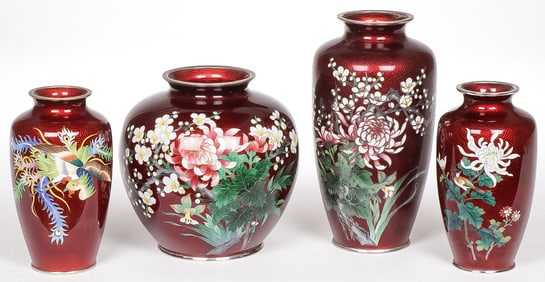 FOUR LARGE JAPANESE AKASUKE CLOISONNE VASES