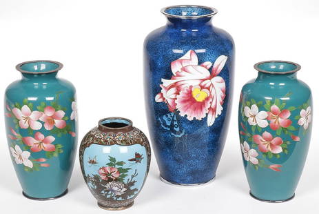 FOUR FINE JAPANESE CLOISONNE VASES: FOUR FINE JAPANESE CLOISONNE VASES. Comprising a pair of matching vases with blossoming flowers on a dark turquoise ground underside with mark for Shoten Akagi, a smaller vase with two panels enameled