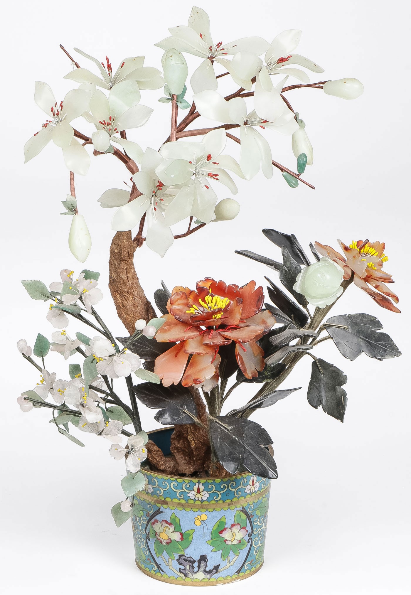 CHINESE JADE & CLOISONNE PLANT: CHINESE JADE & CLOISONNE PLANT. Comprising a cloisonne enamel jardinière holding a group of finely carved jade flowering plants. Height 21 inches (52cm). NO RESERVE. Provenance: The Doctor Manmo