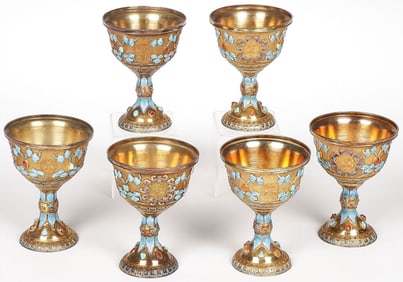 6 CHINESE SILVER & ENAMEL GOBLETS