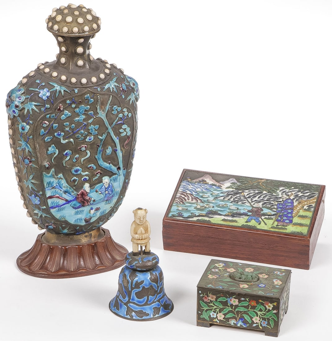 CHINESE ENAMLE WARES: CHINESE ENAMLE WEARS. Comprising four individual pieces including a large enameled bottle with snuff type cap and resting on a carved wood base, a rosewood rectangular box, the fitted lid inset with e