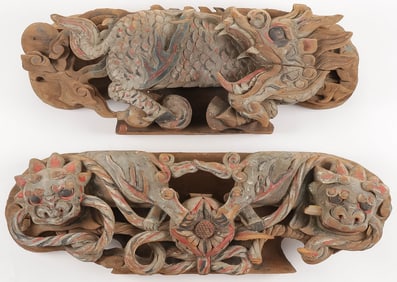 CHINESE CARVED WOOD DRAGON & FOOS