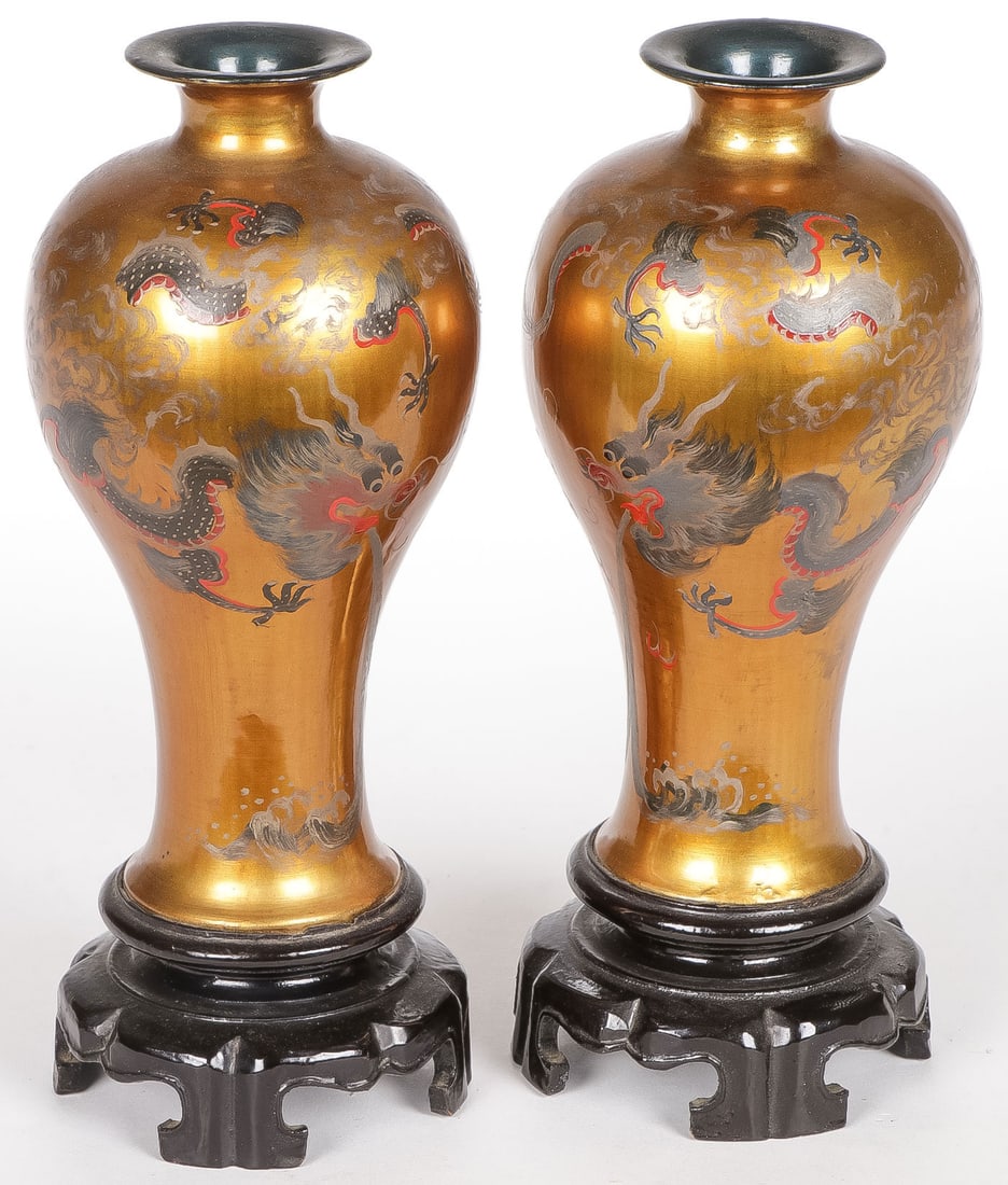 PAIR OF CHINESE GILT & LACQUER DRAGON VASES (1 of 2)