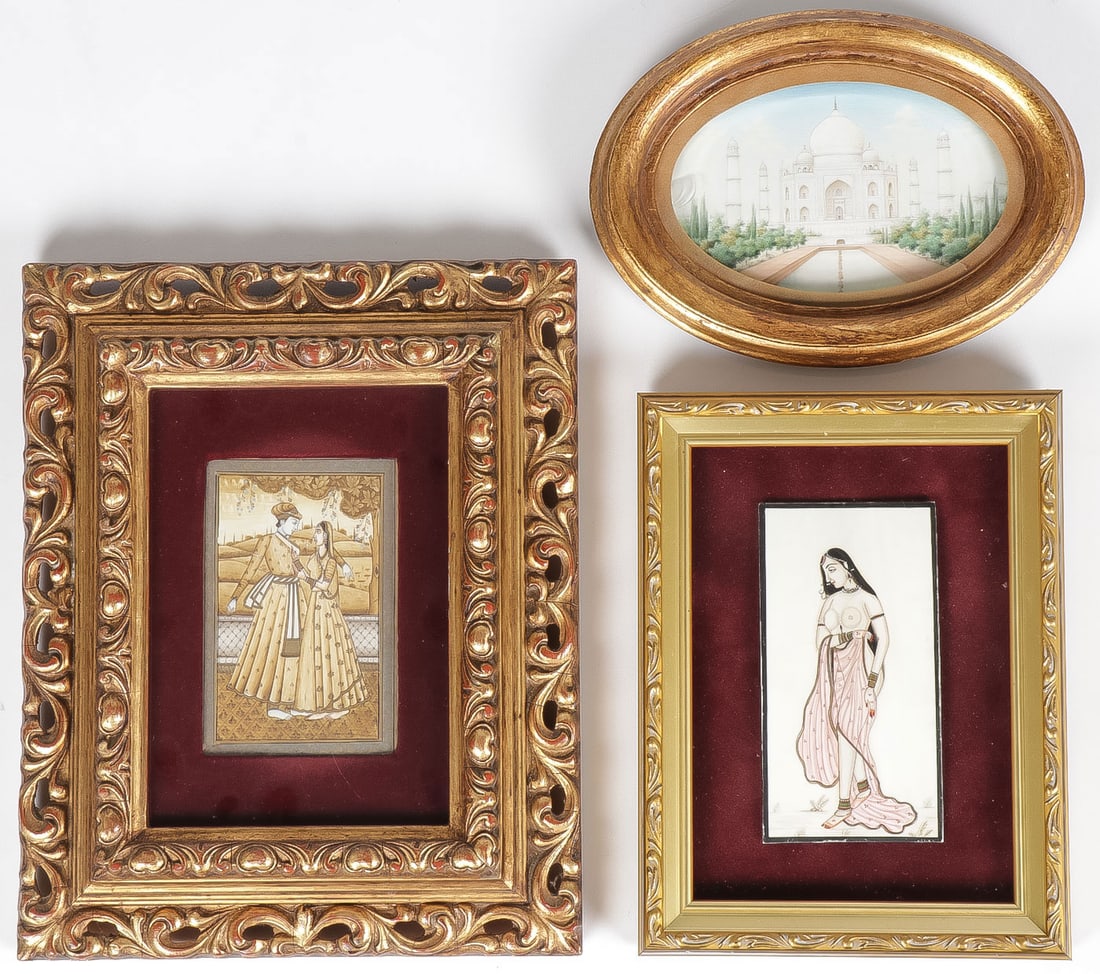 3 FINE INDIAN MUGHAL MINIATURE PAINTINGS: 3 FINE INDIAN MUGHAL MINIATURE PAINTINGS. Comprising a finely painted miniature of the Taj Mahal in glazed oval gilt frame. A fine miniature painted of a couple in landscape in glazed gilt frame. And 