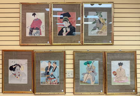 SEVEN PAUL JACOULET WOODBLOCK PRINTS: SEVEN PAUL JACOULET WOODBLOCK PRINTS. Comprising a set of seven artist signed woodblock prints by noted artist Paul Jacoulet (France/Japan 1902-1960), depicting various figures as shown, attractively