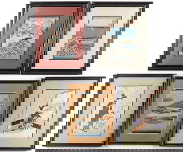 FIVE JAPANESE WOODBLOCK PRINTS: FIVE JAPANESE WOODBLOCK PRINTS. Comprising five Japanese woodblock prints, Edo, Meiji, and later. Various artists, as shown. Greatest measurement including frame 23.5 x 19.5 inches.Provenance: The D