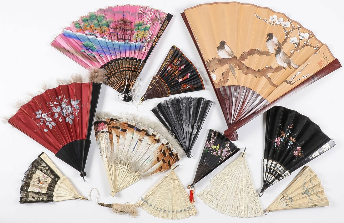12 VINTAGE ASIAN FANS: 12 VINTAGE ASIAN FANS. Comprising a good assortment of different styles, sizes and cultures, circa 1860- onward. Greatest length 20 inches (53cm). NO RESERVE. Provenance: The Doctor Manmohan Singh MD