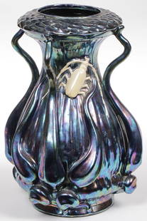 SCARCE ART NOUVEAU AUSTRIAN HELIOSINE VASE: SCARCE ART NOUVEAU AUSTRIAN HELIOSINE VASE C. 1900. Comprising a large Heliosine or Zsolnay impressive vase with leech-form handles, fish scale rim, and applied mother of pearl glazed beetle on an iri