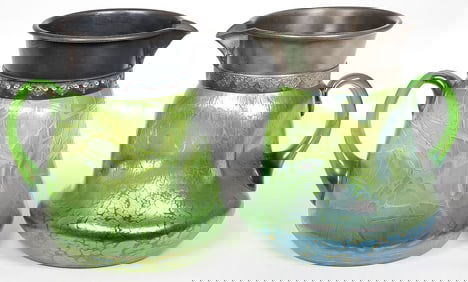 PAIR OF LARGE LOETZ MOUNTED PITCHERS, C. 1900