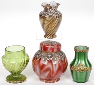 FOUR GOOD BOHEMIAN ART GLASS PIECES.