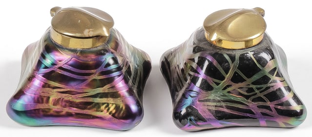 TWO BOHEMIAN GLASS INKWELLS, C. 1900