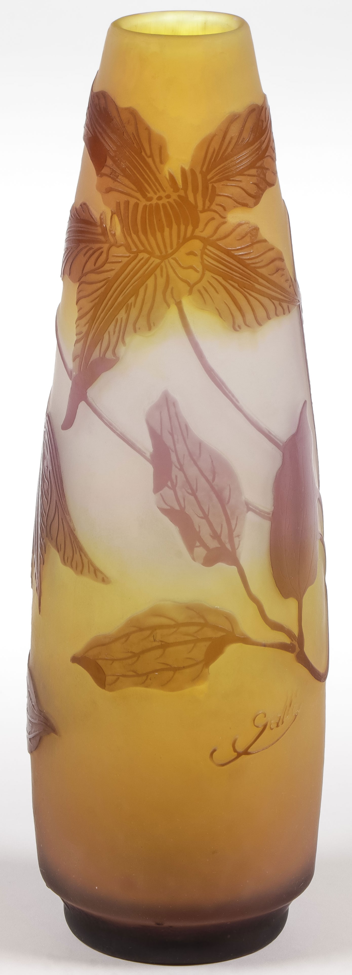 GALLE FRENCH CAMEO VASE, C. 1900: GALLE FRENCH CAMEO VASE, C. 1900. Amethyst cut back to mottled white and yellow, signed on side, ground pontil. Height 10.5 inches (26.5cm). NO RESERVE. Provenance: The Doctor Manmohan Singh MD (1937