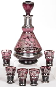 AMETHYST SILVER OVERLAY DECANTER SET, C. 1920