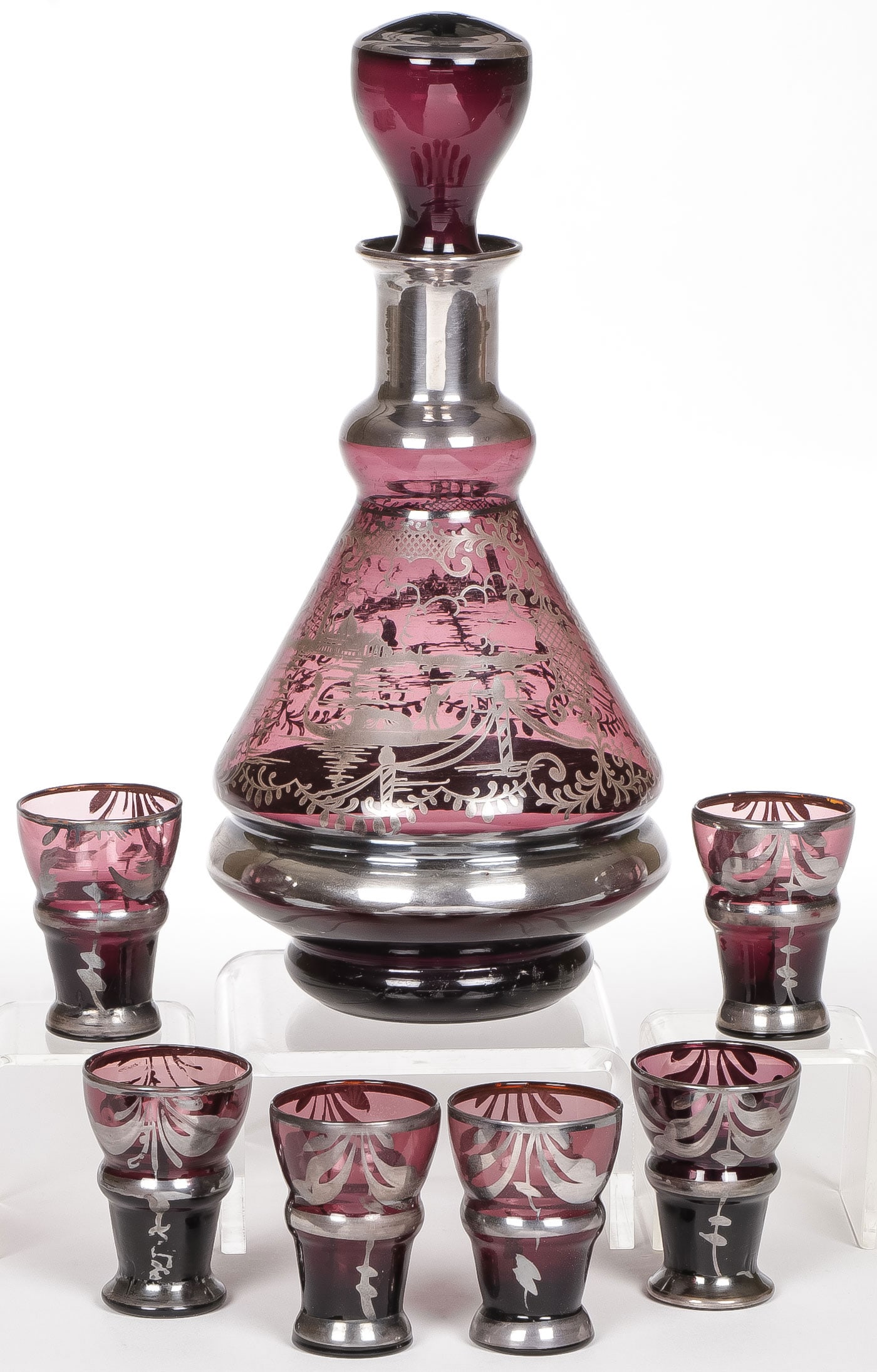 AMETHYST SILVER OVERLAY DECANTER SET, C. 1920 (1 of 2)