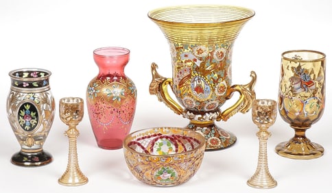 GOOD GERMAN/BOHEMIAN ENAMELED ART GLASS GROUP