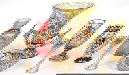 GOOD GERMAN/BOHEMIAN ENAMELED ART GLASS GROUP: GOOD GERMAN/BOHEMIAN ENAMELED ART GLASS GROUP. Comprising seven individual pieces, including a pair of Fritz Heckert iridescent gold cordials, a large enameled footed vase with swan mounted handles an
