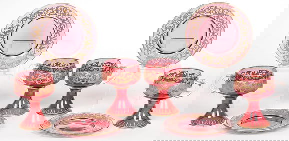 BOHEMIAN GILT DECORATED CUPS & SAUCERS, C. 1900