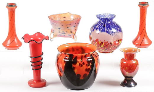 GOOD GROUP OF VINTAGE CZECH ART GLASS: GOOD GROUP OF VINTAGE CZECH ART GLASS. Comprising 7 individual pieces, including various shapes, sizes and colors as shown, most with stencil mark on bottom. Greatest height 8.50 inches (21.5cm), grea