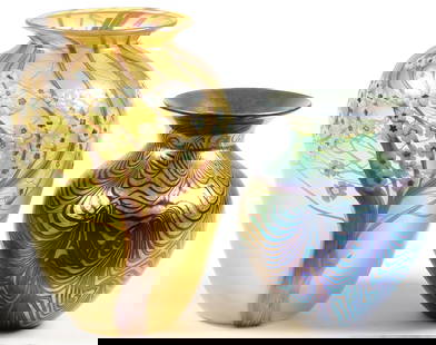 PAIR OF ART GLASS VASES INCLUDING LUNDBERG: PAIR OF ART GLASS VASES INCLUDING LUNDBERG. Comprising an attractive paperweight gold iridescent vase with blossoming tree, signed on base Orient & Flume, height 9.5 inches (25cm). Together with a Lun