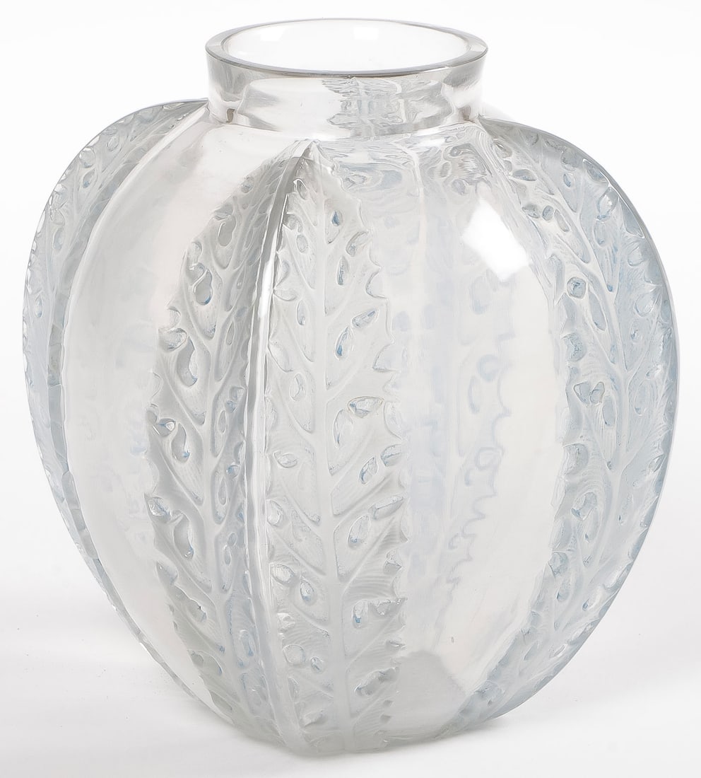 R. LALIQUE GLASS CHARDONS VASE: R. LALIQUE GLASS CHARDONS VASE. In clear and frosted glass with blue patina and singed on underside of base. Height 7.2 inches (18cm). NO RESERVE. Provenance: The Doctor Manmohan Singh MD (1937-2024)