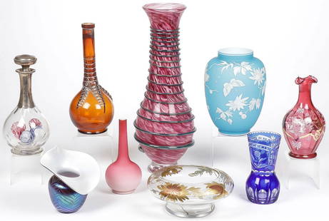 GOOD MIXED ART GLASS GROUP C, 1875-1950: GOOD MIXED ART GLASS GROUP C, 1875-1950. Comprising 9 individual pieces including a scarce Bohemian clear glass decanter with colorful rooster displayed within the interior and with silver covered nec
