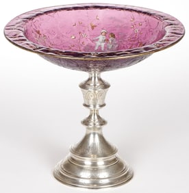 ENAMELED AMETHYST SILVER MOUNTED COMPOTE