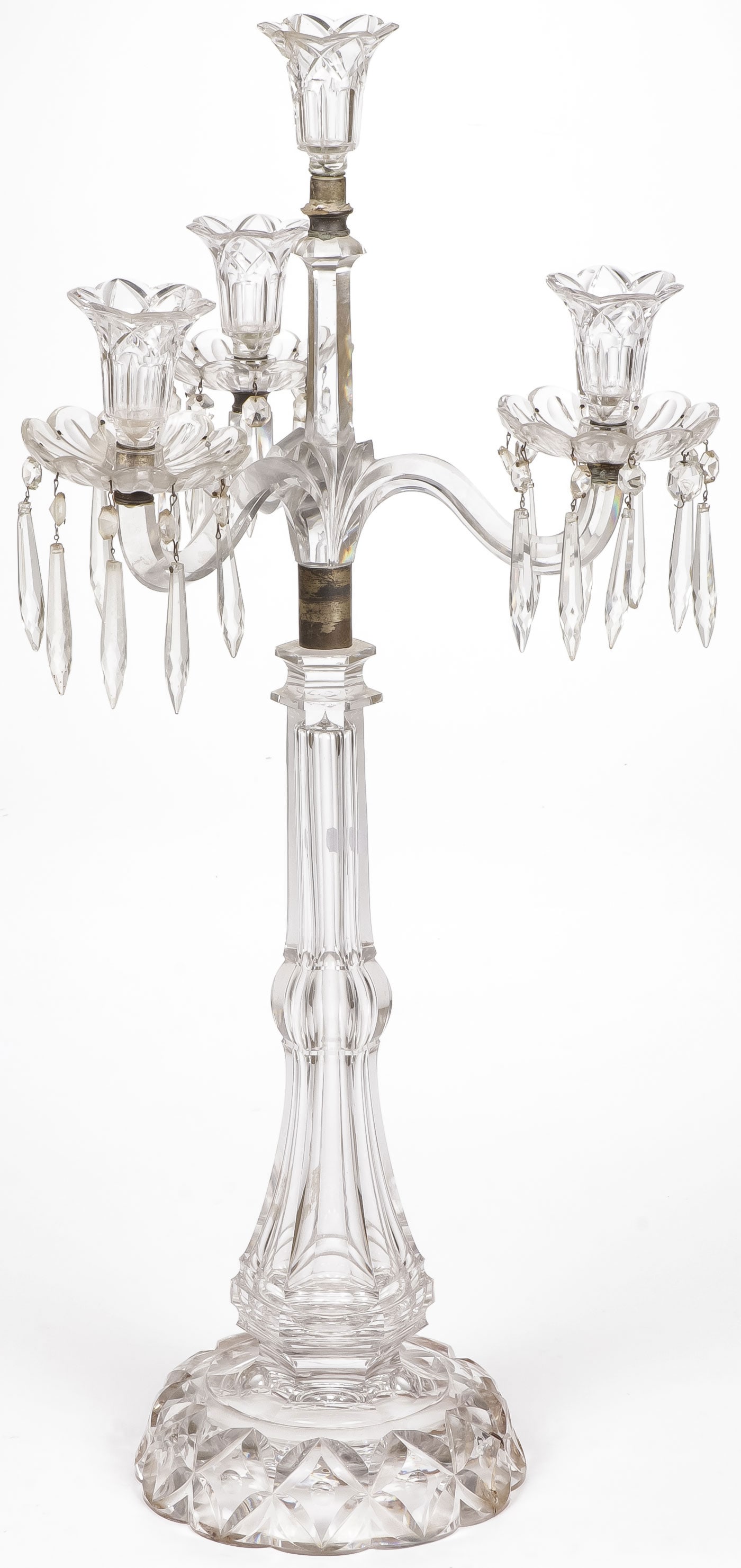 LARGE EARLY CRYSTAL CANDELABRA: LARGE EARLY CRYSTAL CANDELABRA. Large baluster base with old staple repair, supporting a three-arm candelabra with center stem (repaired) and with drip pans and crystals as shown. Overall height 30 in