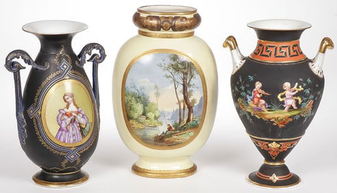 THREE FRENCH HAND PAINTED VASES, 19THC
