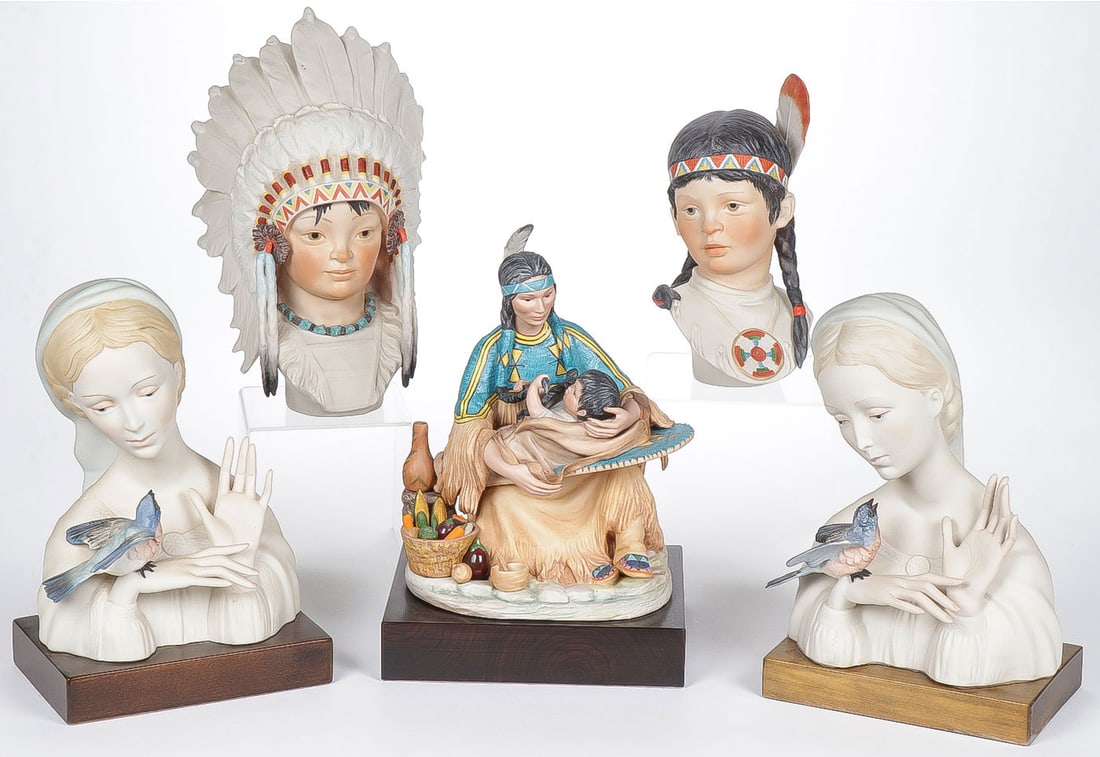 IMPRESSIVE CYBIS PORCELAIN GROUP: IMPRESSIVE CYBIS PORCELAIN GROUP. Comprising 5 individual pieces including Native Americans and two Madonnas. Greatest height 12.25 inches.NO RESERVE. Provenance: The Doctor Manmohan Singh MD (1937-2