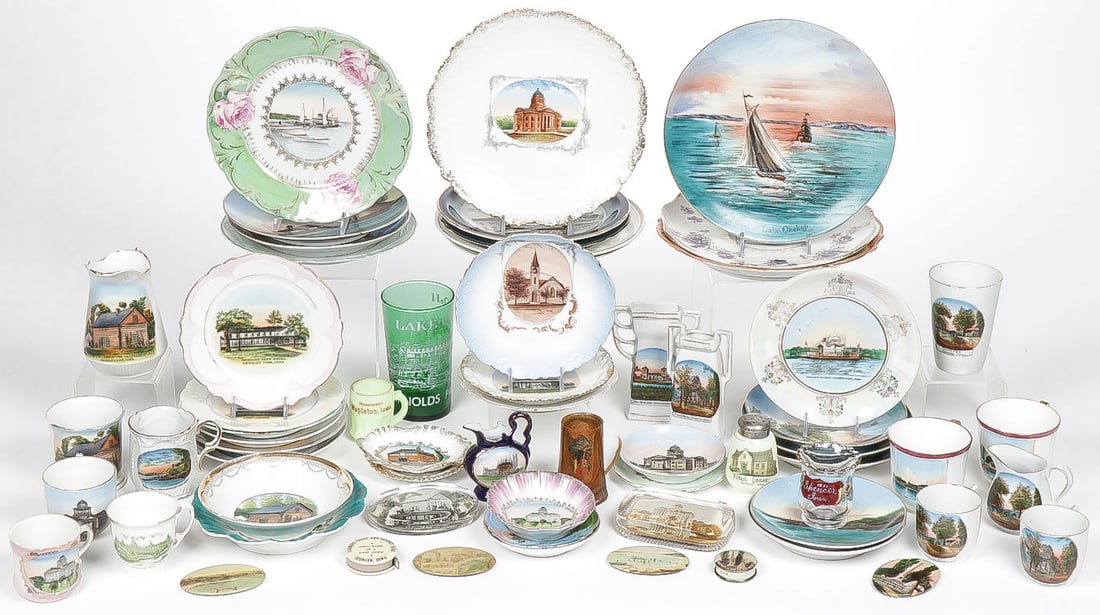 GREAT VINTAGE LAKE OKOBOJI SOUVENIR WARES: GREAT VINTAGE LAKE OKOBOJI SOUVENIR WARES. Comprising over 60 glass, porcelain and other mostly Okoboji, Arnolds Park and Spencer, Iowa related souvenir plates, cups, vases, toothpicks, shakers, mirro