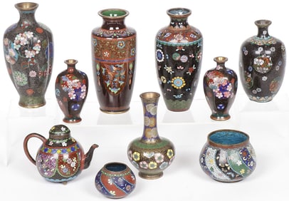 10 FINE JAPANESE CLOISONNE VASES, MEIJI