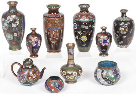 10 FINE JAPANESE CLOISONNE VASES, MEIJI: 10 FINE JAPANESE CLOISONNE VASES, MEIJI. Of various shapes and sizes as shown, each finely enameled with various techniques and imagery, including a small matching pair, one marked on underside and an