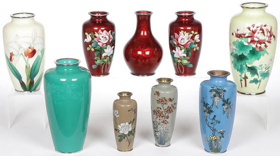 9 JAPANESE CLOISONNE VASES: 9 JAPANESE CLOISONNE VASES. Comprising various enameling techniques including musen, akasuke, and others as shown. Three with Ando mark. Greatest height 9.75 inches (24.5cm).SHIPPING NOTICE:Except f