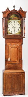 18TH CENTURY ENGLIGH TALL CASE CLOCK: 18TH CENTURY ENGLIGH TALL CASE CLOCK. Comprising a circa 1780 oak and mahogany longcase clock. The arched dial with Roman numerals and second subsidiary dial, the upper arch finely painted with a boy