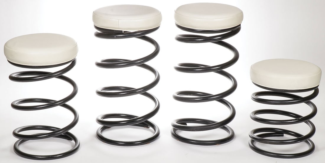 4 MID CENTURY MODERN HELIX SPRING STOOLS: 4 MID CENTURY MODERN HELIX SPRING STOOLS. Comprising four graduated coil spring stools with circular padded vinyl covered seats. Height of two 31 inches, one 25 inches and the shortest 19 inches. Unde