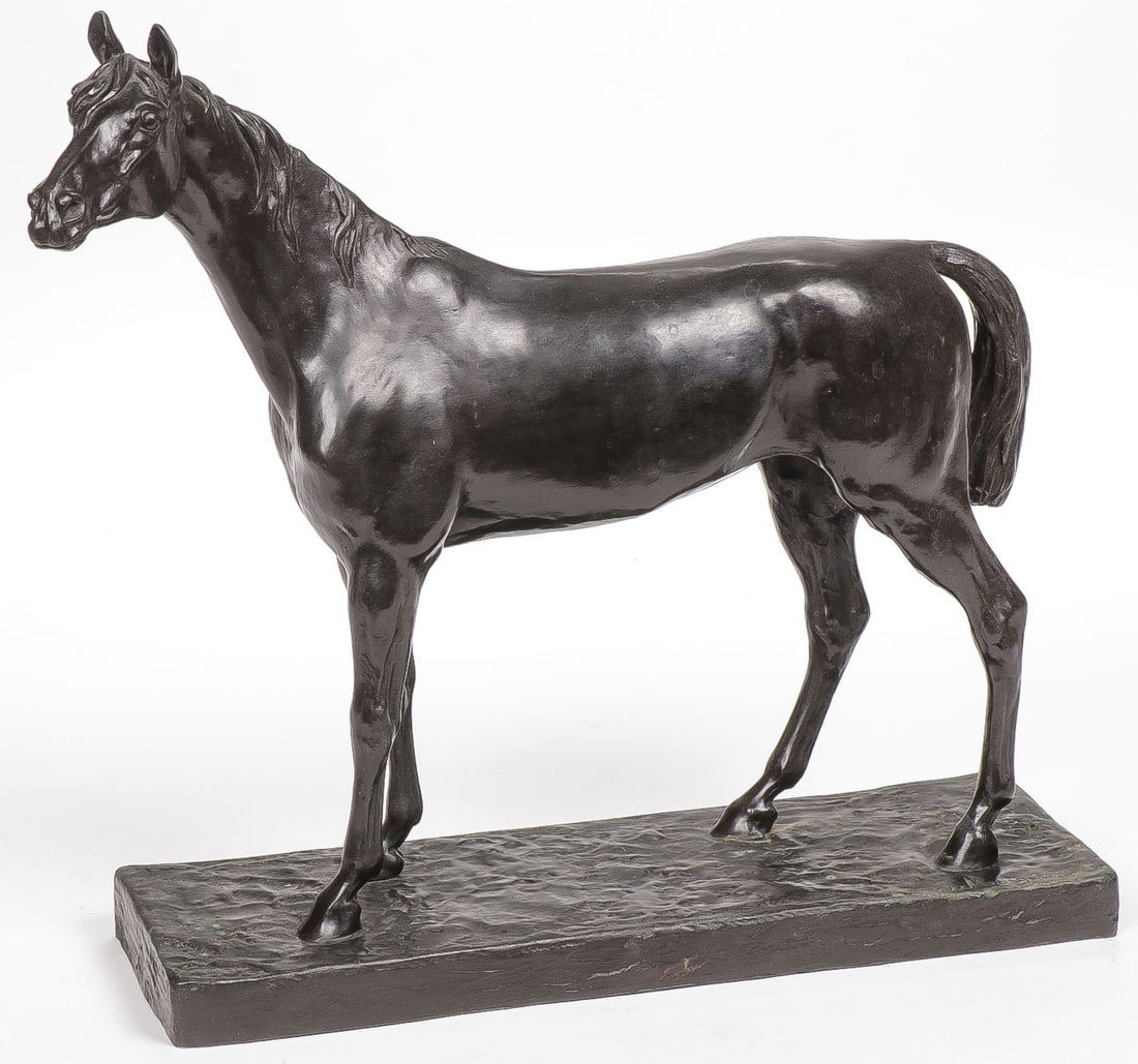 FRENCH BRONZE MOIGNIEZ: After JULES MOIGNIEZ (French 1835-1894)A Stallion Bronze with dark brown patinaSigned on baseHeight 12.5 inches (31.5cm). Length 13.5 inches (34cm)Provenance: The D