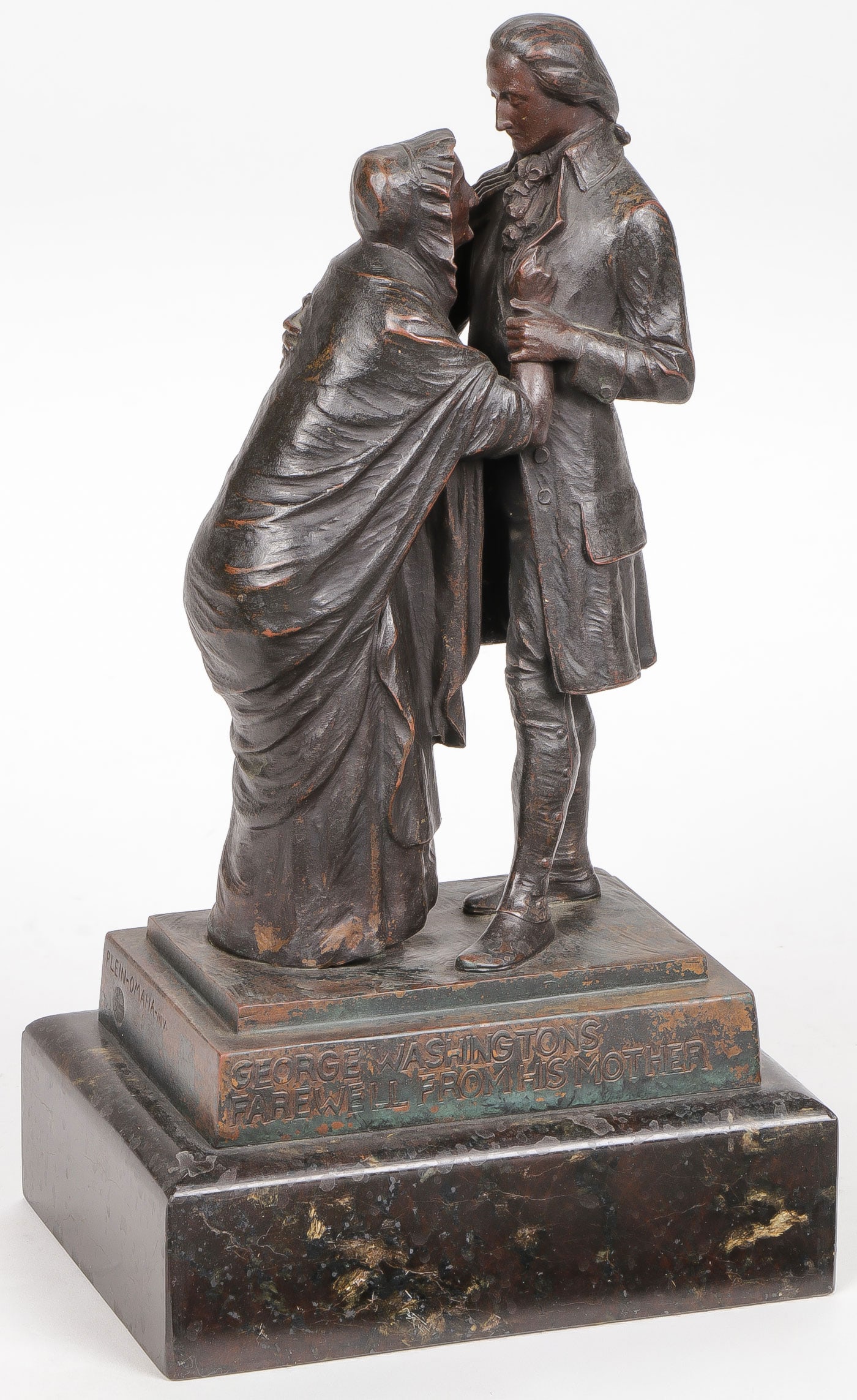 AMERICAN BRONZE OF GEORGE WASHINGTON: CHARLES M. PLEIN (German/American d.1920) George Washington's Farewell from his Mother Bronze with dark brown patina on marble base Signed on base Plein-Omaha-Inv, and with Then foundry mark Overall h