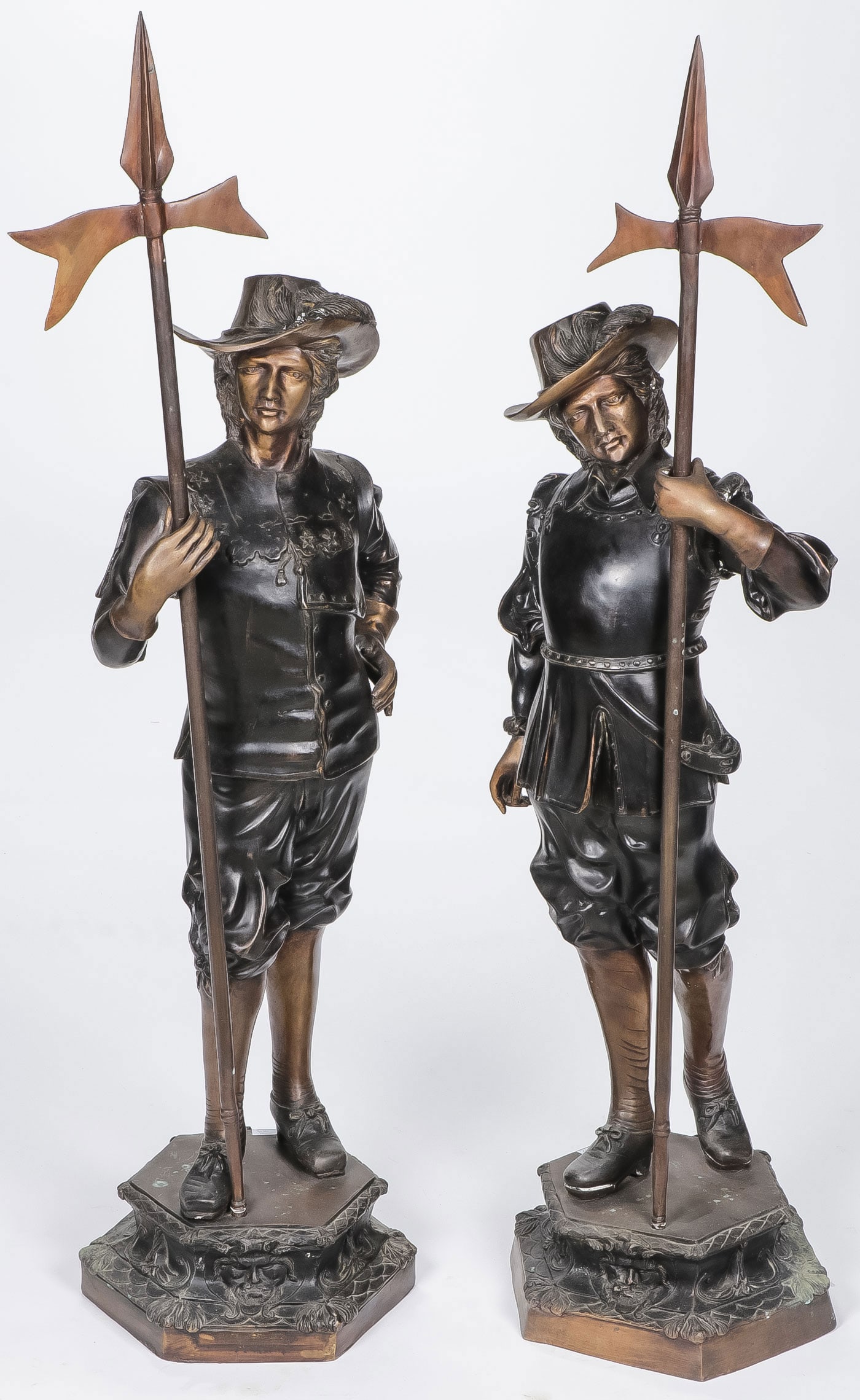 PR OF MONUMENTAL BRONZES: PR OF MONUMENTAL BRONZES. Comprising a pair of large and impressive patinated bronze figures of watchmen on matching raised bases, inscribed E. Picault. Height of each 49 inches (124.5cm). NO RESERVE.