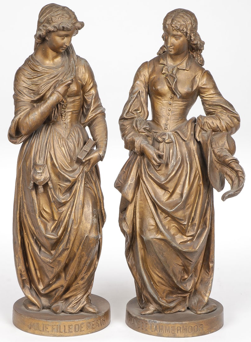 PAIR OF FRENCH SCULPTURES, C. 1880: PAIR OF FRENCH SCULPTURES, C. 1880. Comprising a pair of finely sculpted and detailed gilt patinated spelter ware figures of Jolie Fillede Perth, and Fiancee Lammermoor. Height of each 15.1 inches. NO