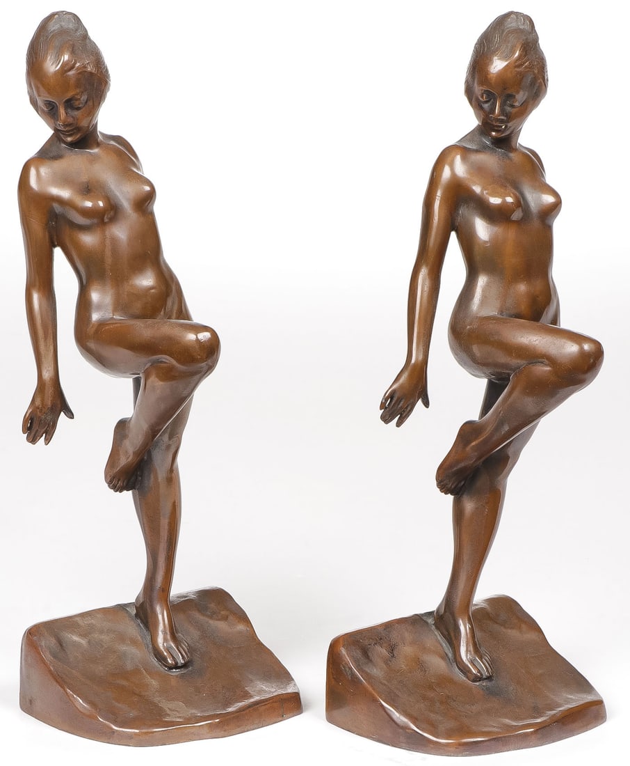 GREAT PAIR OF ART DÉCO BRONZED NUDE BOOKENDS: GREAT PAIR OF ART DÉCO BRONZED NUDE BOOKENDS. Comprising a pair of finely cast and modeled standing nude figures composing bookends, with bronze finish, perhaps designed by Joseph Lorenzl. Height 11 