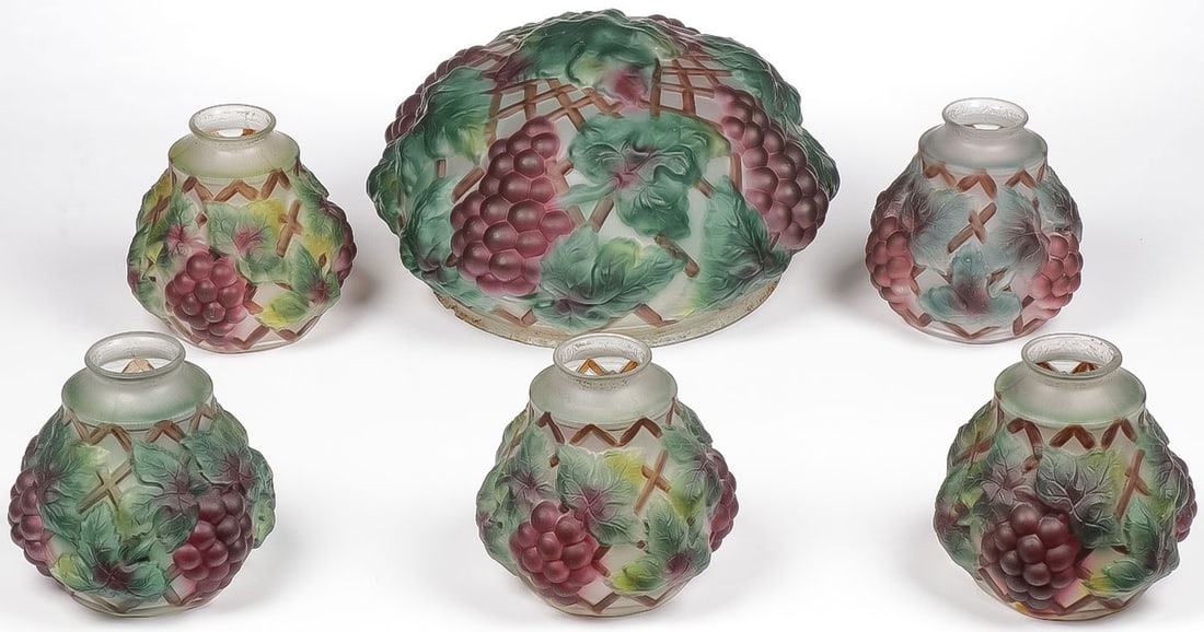 SET OF CONSOLIDATED GRAPE & VINE SHADES: SET OF CONSOLIDATED GRAPE & VINE SHADES. Comprising a set of six hanging lamp shades, including large center globe and five satellite globes. Diameter of the large shade 13 inches (fitter ring 10 inch